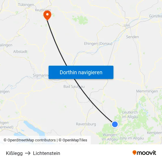 Kißlegg to Lichtenstein map