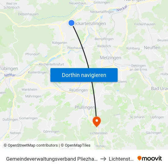 Gemeindeverwaltungsverband Pliezhausen to Lichtenstein map