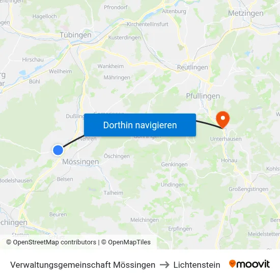 Verwaltungsgemeinschaft Mössingen to Lichtenstein map