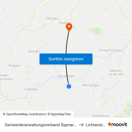 Gemeindeverwaltungsverband Sigmaringen to Lichtenstein map