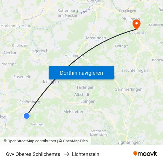 Gvv Oberes Schlichemtal to Lichtenstein map