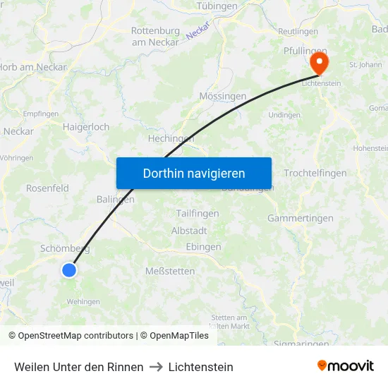 Weilen Unter den Rinnen to Lichtenstein map