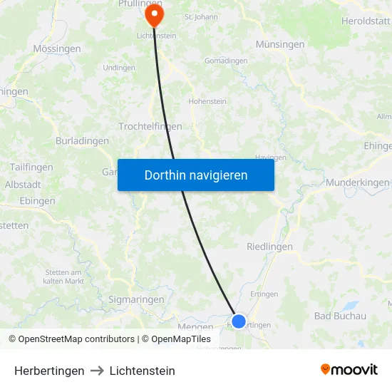 Herbertingen to Lichtenstein map