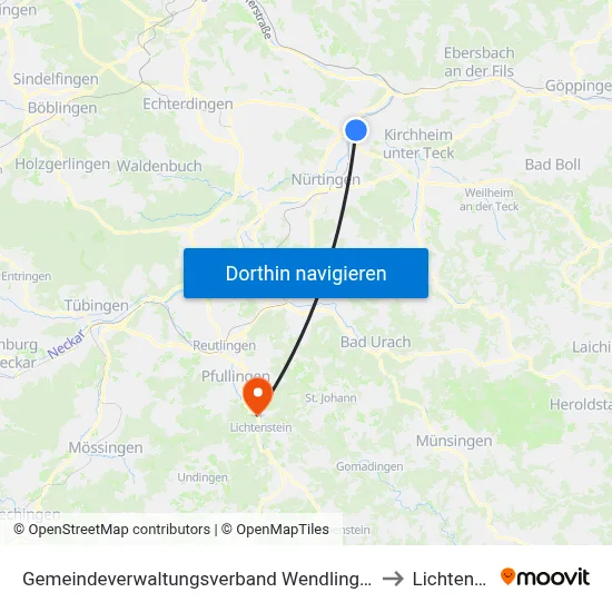 Gemeindeverwaltungsverband Wendlingen am Neckar to Lichtenstein map