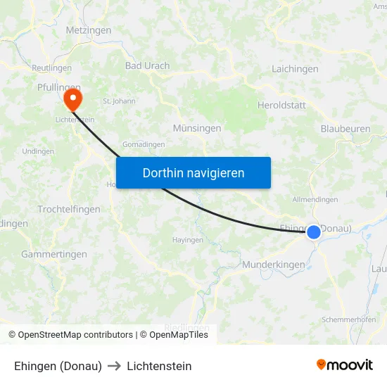 Ehingen (Donau) to Lichtenstein map