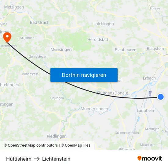 Hüttisheim to Lichtenstein map