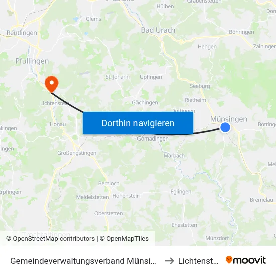 Gemeindeverwaltungsverband Münsingen to Lichtenstein map