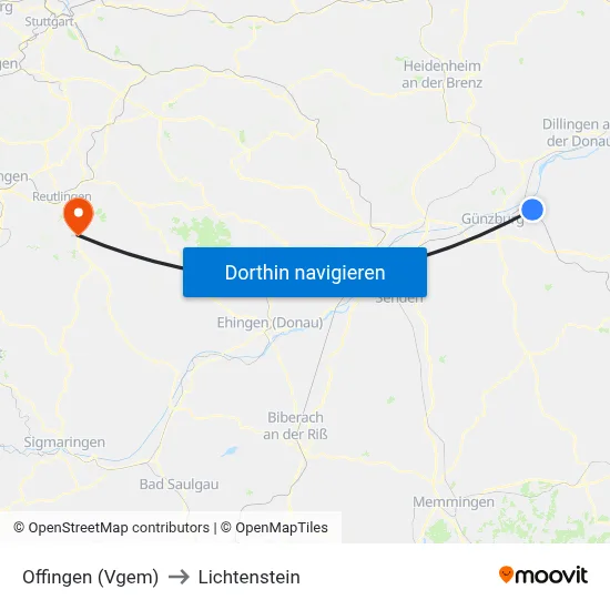 Offingen (Vgem) to Lichtenstein map