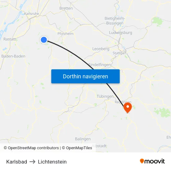 Karlsbad to Lichtenstein map