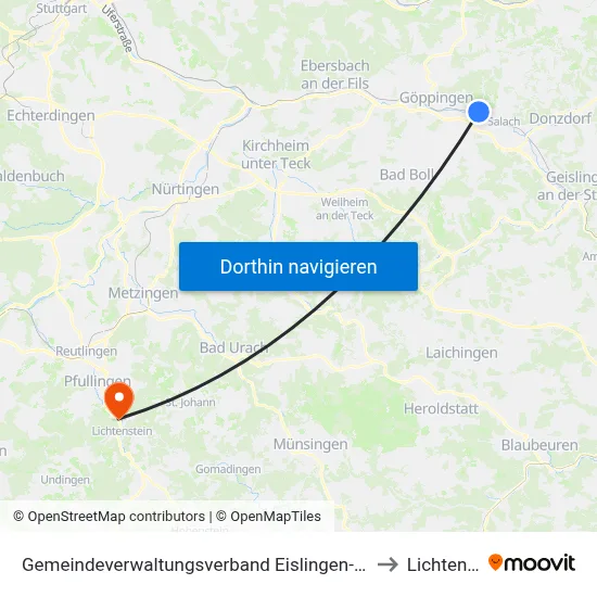 Gemeindeverwaltungsverband Eislingen-Ottenbach-Salach to Lichtenstein map