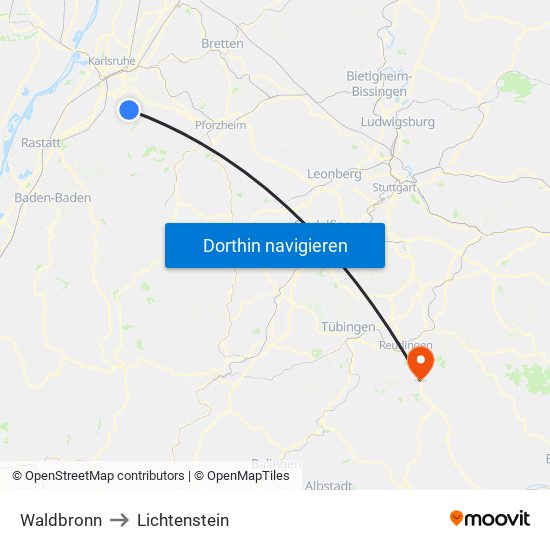 Waldbronn to Lichtenstein map