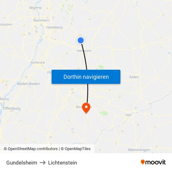 Gundelsheim to Lichtenstein map
