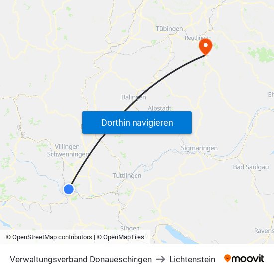Verwaltungsverband Donaueschingen to Lichtenstein map