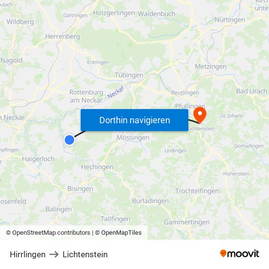 Hirrlingen to Lichtenstein map