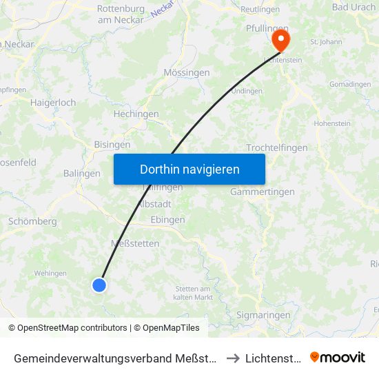 Gemeindeverwaltungsverband Meßstetten to Lichtenstein map