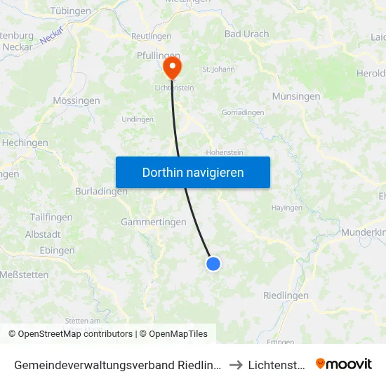 Gemeindeverwaltungsverband Riedlingen to Lichtenstein map