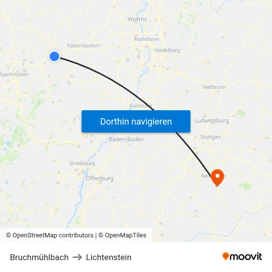Bruchmühlbach to Lichtenstein map
