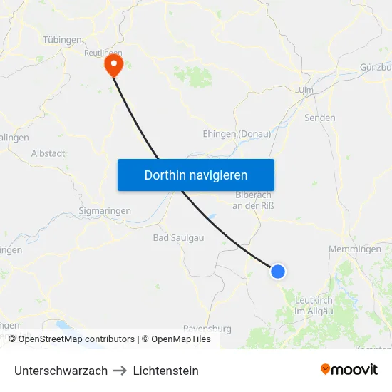 Unterschwarzach to Lichtenstein map