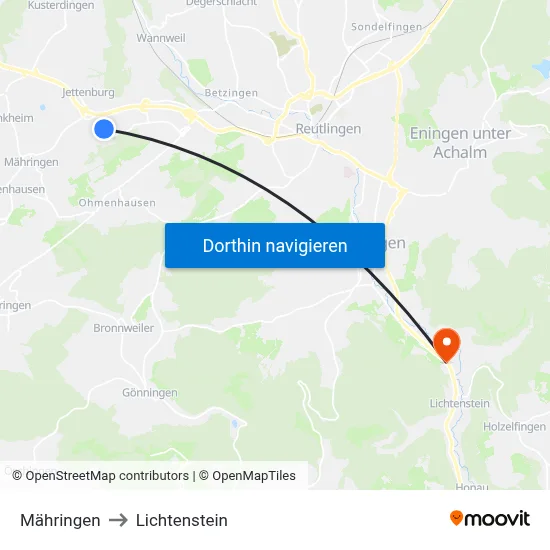 Mähringen to Lichtenstein map