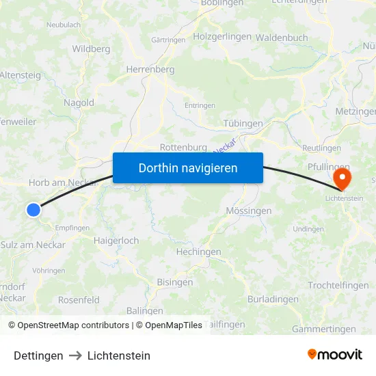 Dettingen to Lichtenstein map
