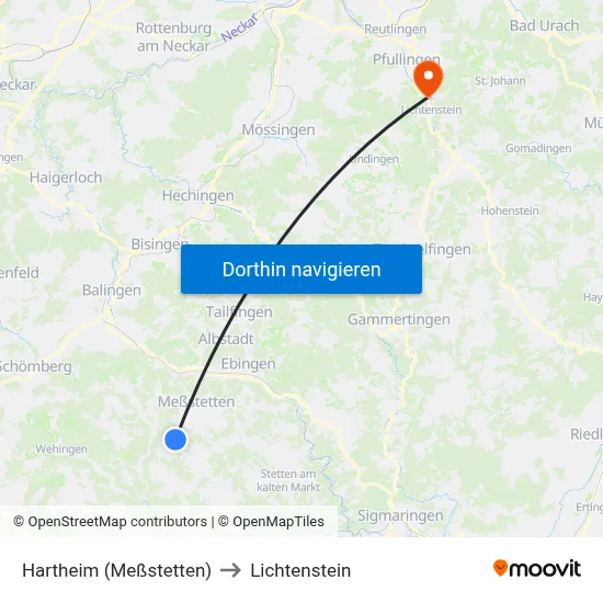 Hartheim (Meßstetten) to Lichtenstein map