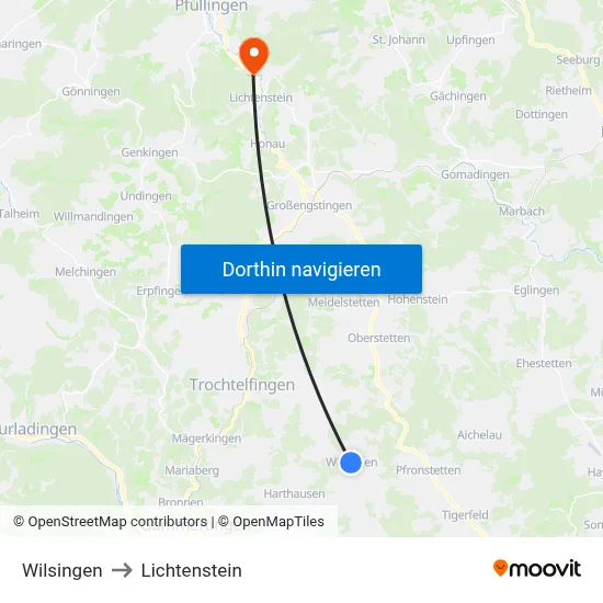 Wilsingen to Lichtenstein map