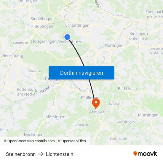 Steinenbronn to Lichtenstein map
