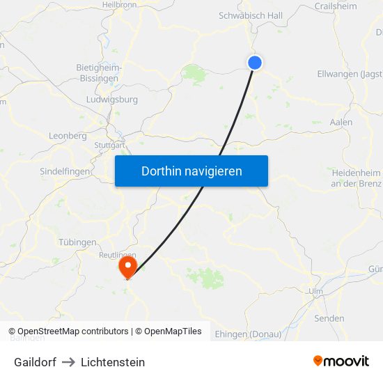 Gaildorf to Lichtenstein map