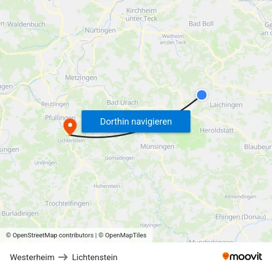 Westerheim to Lichtenstein map