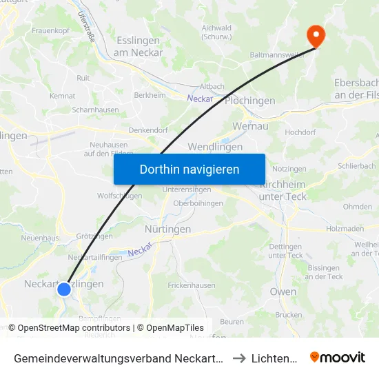 Gemeindeverwaltungsverband Neckartenzlingen to Lichtenwald map