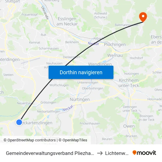 Gemeindeverwaltungsverband Pliezhausen to Lichtenwald map