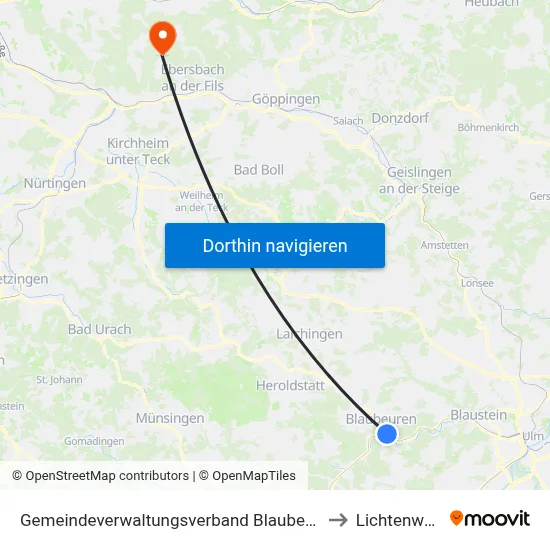 Gemeindeverwaltungsverband Blaubeuren to Lichtenwald map