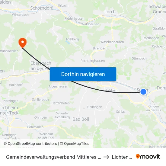 Gemeindeverwaltungsverband Mittleres Fils-Lautertal to Lichtenwald map