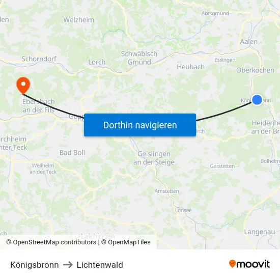 Königsbronn to Lichtenwald map