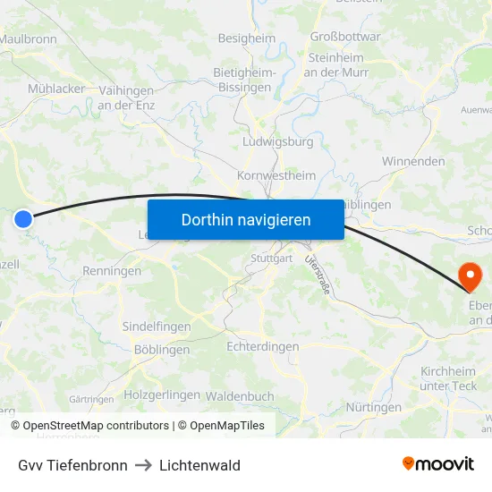 Gvv Tiefenbronn to Lichtenwald map