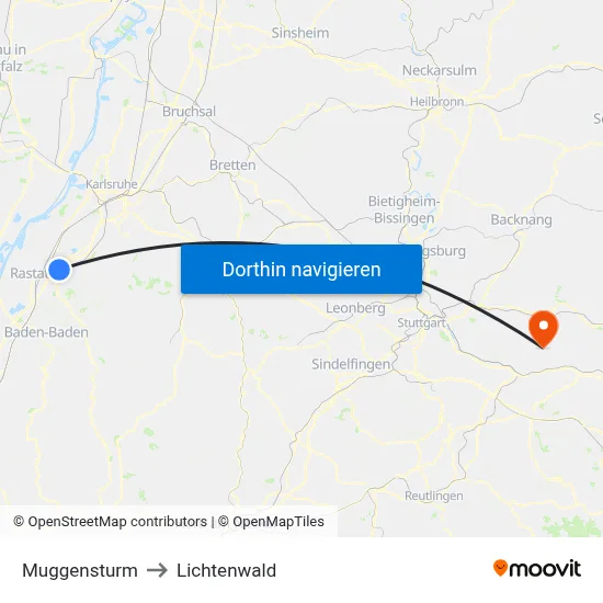 Muggensturm to Lichtenwald map