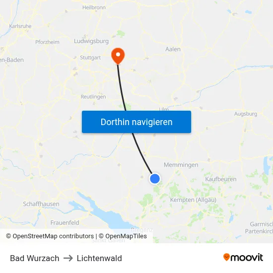 Bad Wurzach to Lichtenwald map