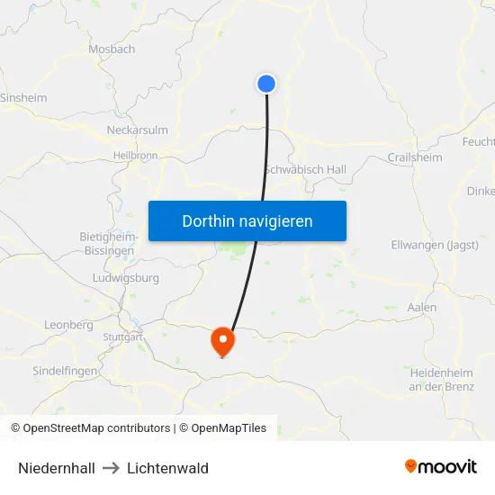 Niedernhall to Lichtenwald map