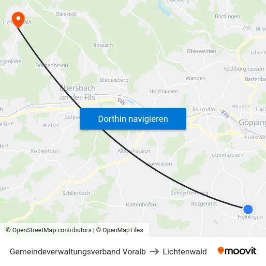 Gemeindeverwaltungsverband Voralb to Lichtenwald map