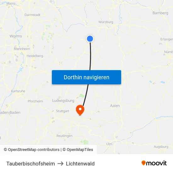 Tauberbischofsheim to Lichtenwald map