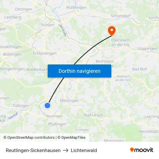 Reutlingen-Sickenhausen to Lichtenwald map