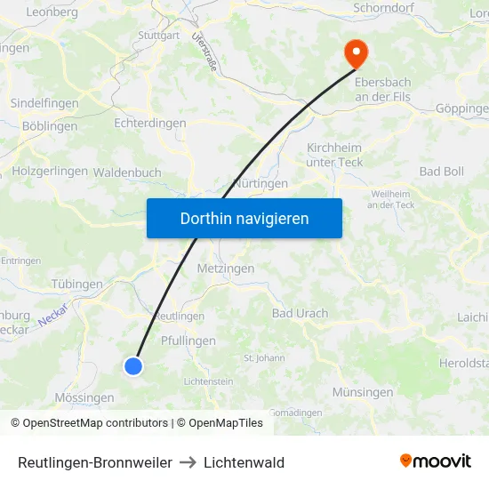 Reutlingen-Bronnweiler to Lichtenwald map