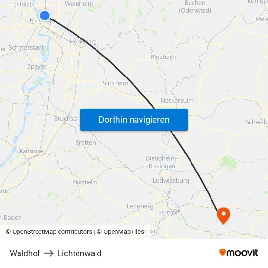 Waldhof to Lichtenwald map