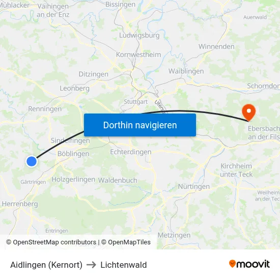 Aidlingen (Kernort) to Lichtenwald map