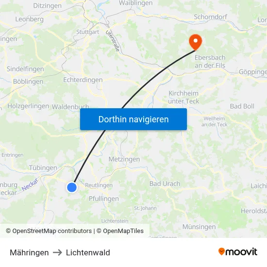 Mähringen to Lichtenwald map