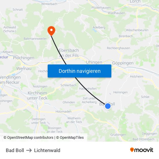 Bad Boll to Lichtenwald map
