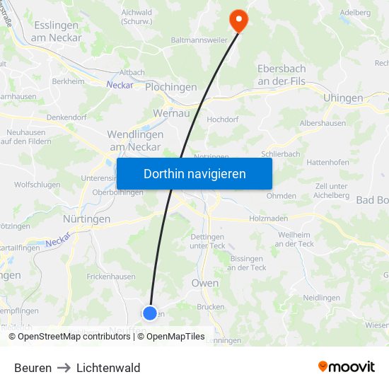 Beuren to Lichtenwald map