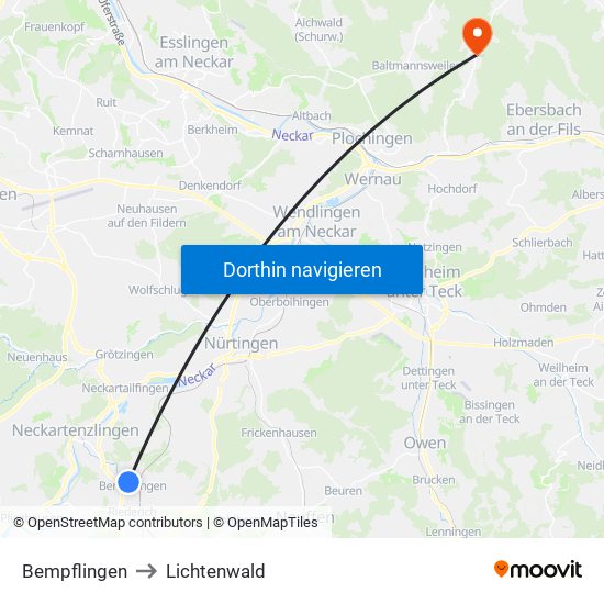 Bempflingen to Lichtenwald map