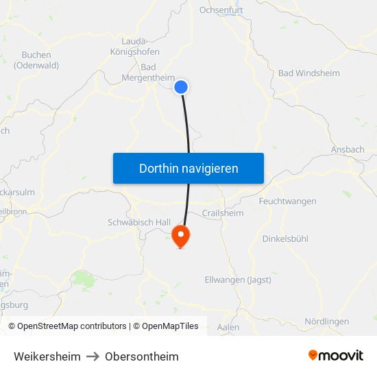 Weikersheim to Obersontheim map