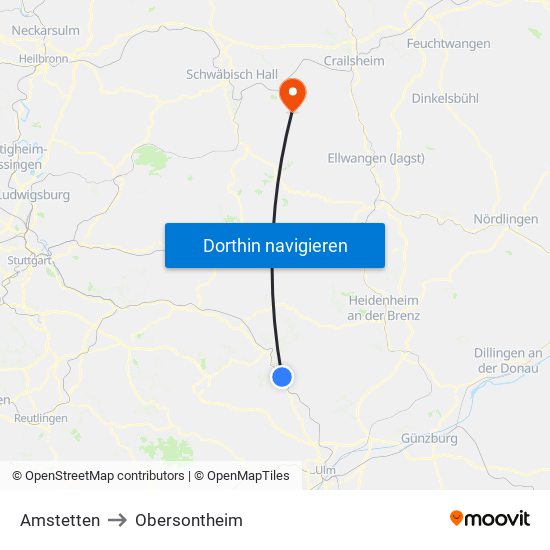 Amstetten to Obersontheim map